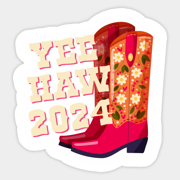 A pair of cowboy boots decorated with flowers and a hand lettering message Yeehaw 2024. Happy New Year colorful hand drawn vector illustration in bright vibrant colors. Greeting card design. Sticker by BlueLela